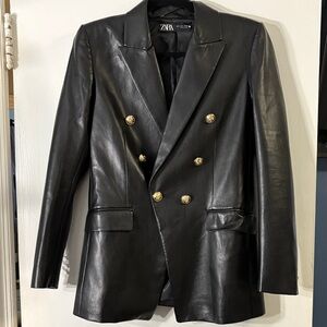 Zara Black Leather Blazer with Gold Buttons
